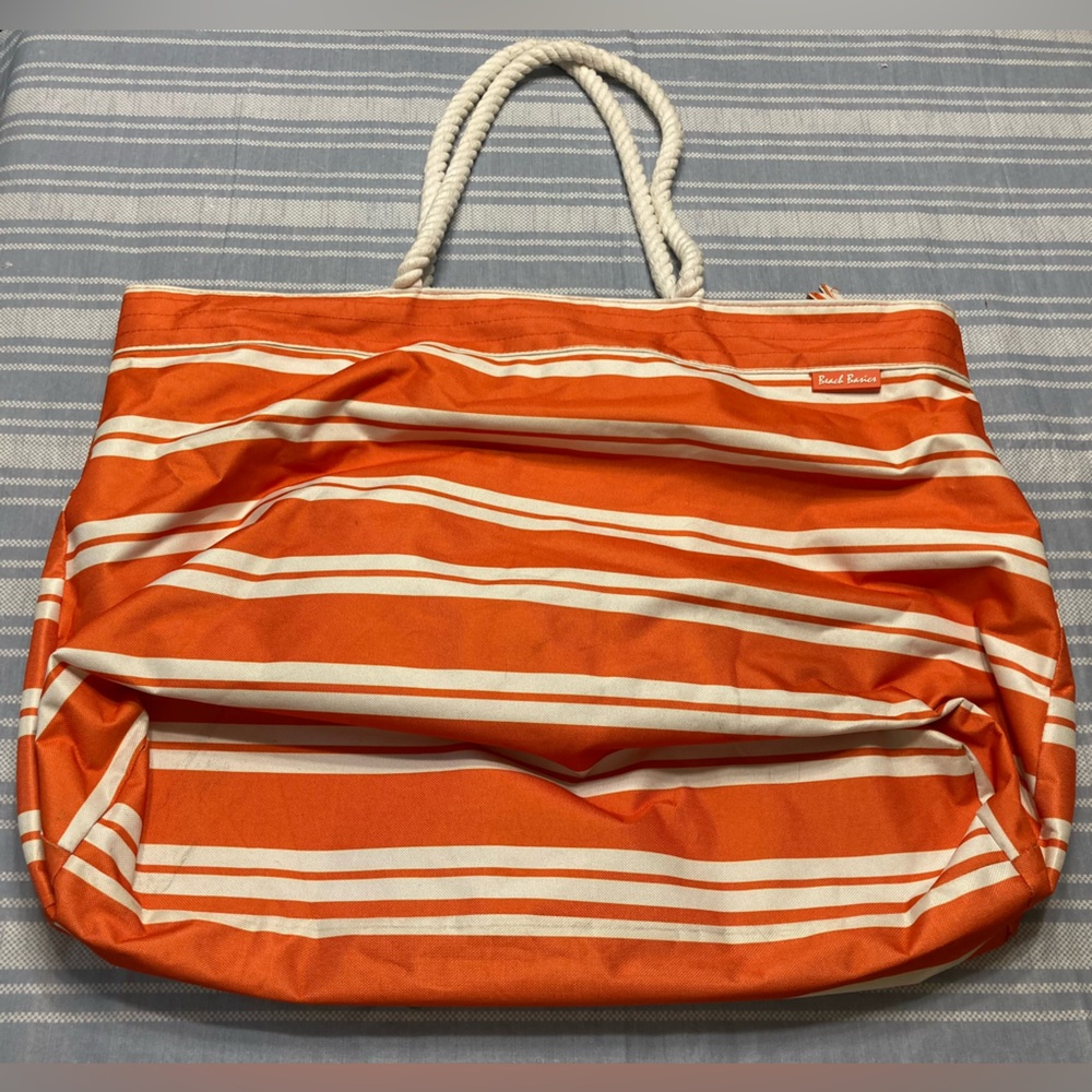 Beach Basics orange and white striped beach tote.